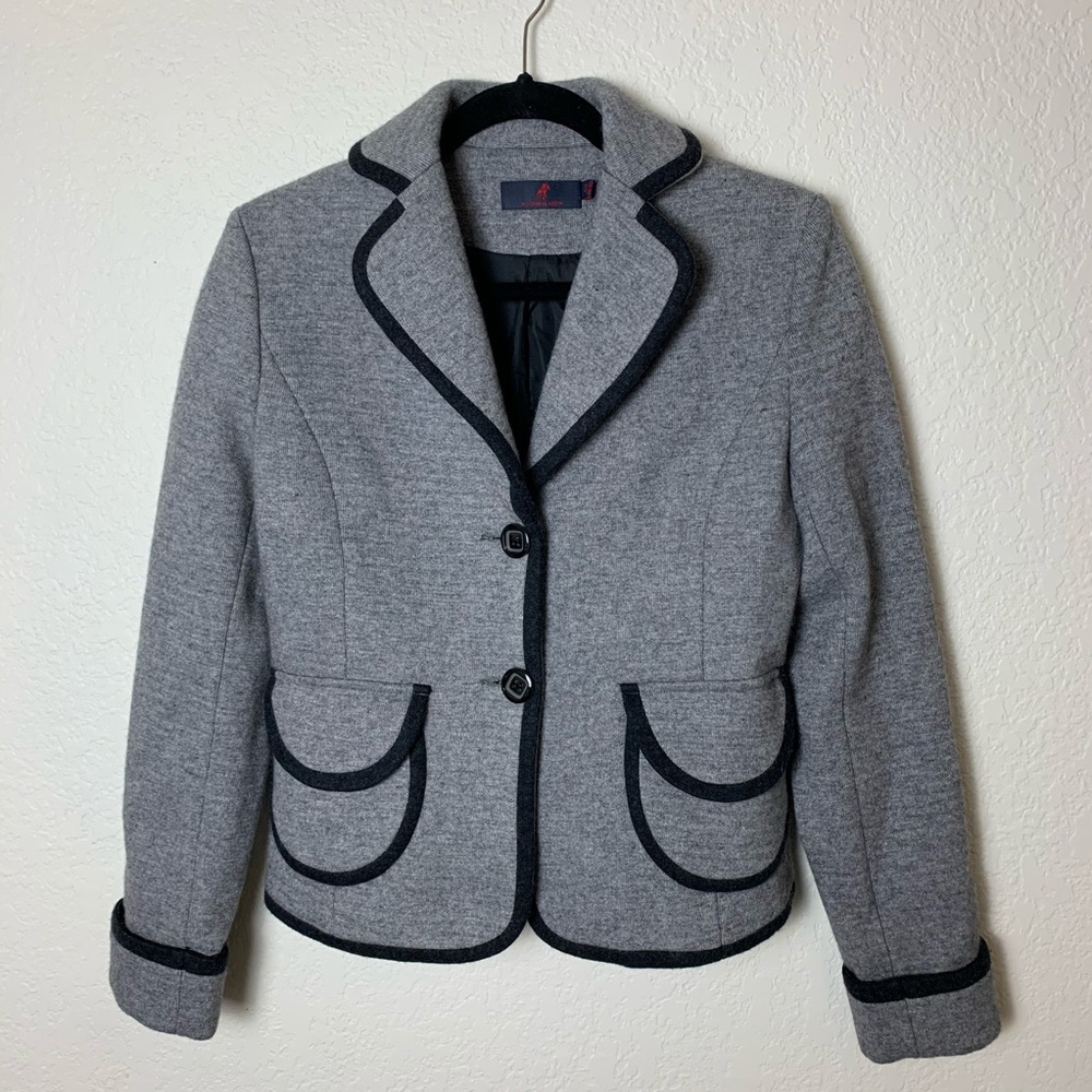 100% Wool Gray Blazer Jacket Pocket Black Piping
